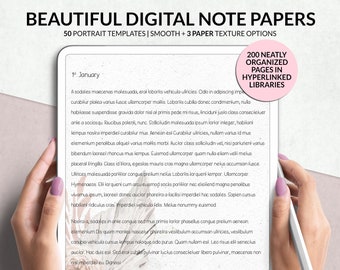 Puede incluir: Una tableta digital que muestra una plantilla de papel de notas con el texto 1st January y texto latino. La pantalla tiene un fondo claro con un diseño floral sutil en la parte inferior. Una insignia rosa indica 200 NEATLY ORGANIZED PAGES IN HYPERLINKED LIBRARIES.