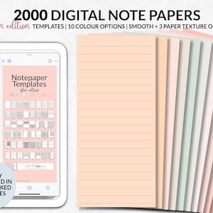 Puede incluir: Plantillas de papel de notas digitales con 2000 papeles, 50 plantillas de edición delgada y 10 opciones de color. La imagen muestra una tableta que muestra las plantillas y una pila de papeles rayados en varios colores pastel. El texto dice "2000 Digital Note Papers".