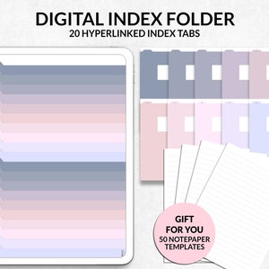 Puede incluir: Carpeta de índice digital con 20 pestañas de índice con hipervínculos. La imagen muestra una tableta digital con un degradado de colores pastel, y un conjunto de carpetas de archivos digitales y plantillas de papel de notas a juego. El texto de la imagen dice "GIFT FOR YOU 50 NOTEPAPER TEMPLATES."