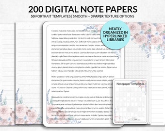 Puede incluir: Una colección de 200 papeles de notas digitales con 50 plantillas en formato vertical con opciones lisas y texturizadas. Las páginas muestran ilustraciones florales en tonos rosa y azul, áreas de escritura rayadas y un índice hipervinculado.