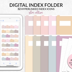 Puede incluir: Carpeta de índice digital con 32 iconos de índice con hipervínculos en colores pastel. La imagen muestra una tableta y tarjetas de índice con un regalo de 50 plantillas de papel de notas. El texto dice "Digital Index Folder" y "slim edition".