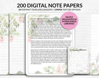 Puede incluir: Papeles de notas digitales con 50 plantillas verticales y 3 opciones de textura de papel. La imagen muestra una colección de papeles de notas digitales con acentos florales y el texto "200 DIGITAL NOTE PAPERS". Los papeles están organizados en bibliotecas hipervinculadas.