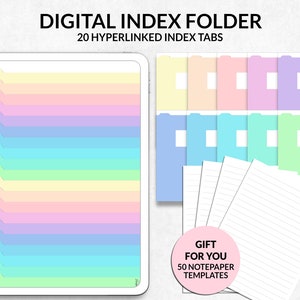 Puede incluir: Carpeta de índice digital con 20 pestañas de índice con hipervínculos. La imagen muestra un planificador digital con un diseño de arcoíris pastel. También incluye plantillas de papel de notas y carpetas digitales coloridas.