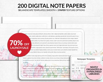 Puede incluir: Una colección de 200 papeles de notas digitales con 50 plantillas en formato horizontal con opciones lisas y texturizadas. La imagen muestra páginas con motivos florales y líneas, una insignia circular roja y una vista previa de bibliotecas.