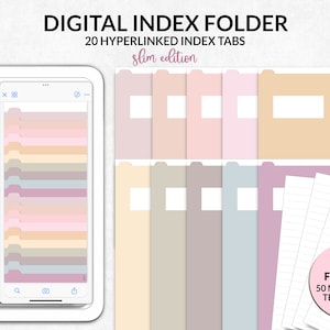 Puede incluir: Carpeta de índice digital con 20 pestañas de índice con hipervínculos en colores pastel. La imagen muestra una tableta que muestra el índice digital y un conjunto de pestañas de índice físicas. El texto dice "slim edition" y "Gift for you 50 notepaper templates."