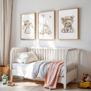 Boho Forest Animals Poster Set A4, Conjunto de carteles, Animales del bosque, Conejo, Oso, Tippi, Tienda de campaña