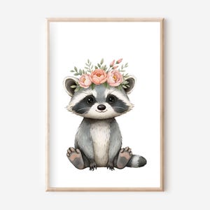 Póster de mapache con corona de flores A4, conjunto de pósteres, póster de animales de granja, cuadro de pared de granja, póster de animales, cuadro de pared de animales, granja, animales del bosque