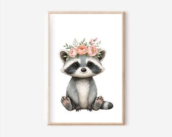 花輪をつけたアライグマのポスター A4、ポスター セット、農場の動物のポスター、農場の壁画、動物のポスター、動物の壁画、農場、森の動物