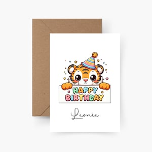 Tarjeta de cumpleaños personalizada con nombre A6, tarjeta de cumpleaños animal, feliz cumpleaños, tarjeta de cumpleaños infantil, cumpleaños infantil, tigre