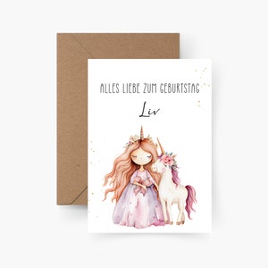 Geburtstagskarte Einhorn & Mädchen personalisiert mit Namen A6, Geburtstagskarte Kind, Happy Birthday, Kindergeburtstag