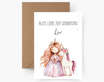 Biglietto d'auguri rosa con un unicorno bianco | Vettore Premium