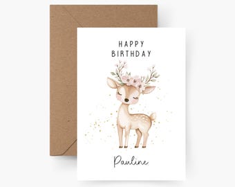 Personalized deer birthday card with name, A6 size, birthday card, Happy Birthday, children's birthday, greeting card