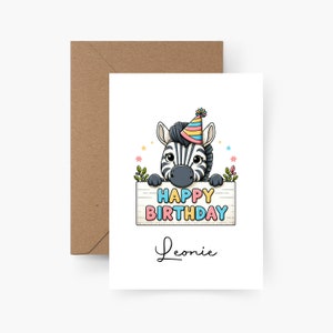 Verjaardagskaart gepersonaliseerd met naam A6, verjaardagskaart dier, gelukkige verjaardag, kinderverjaardagskaart, kinderverjaardag, zebra