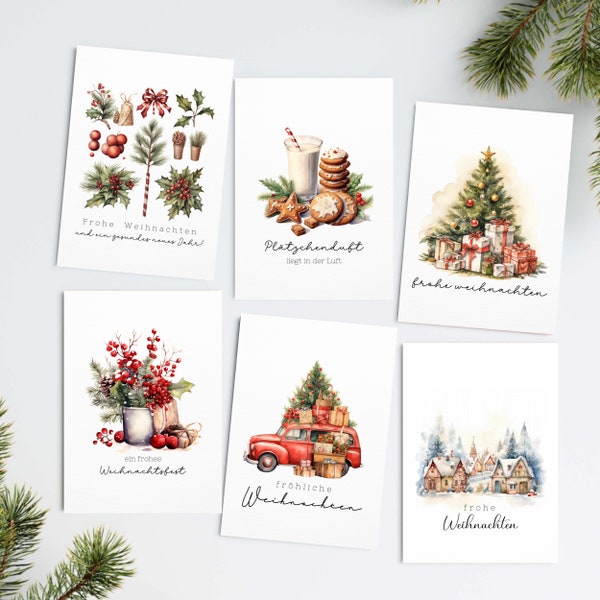 Cartes de Noël individuelles ou en set A6, aquarelle, papier texturé, jeu de cartes de Noël, enveloppes, Noël, courrier de Noël, carte postale