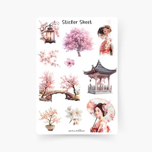 Hoja de pegatinas de Japón, Sakura, Floral, Flores, Naturaleza, Primavera, Japón, Rosa, Pájaro, Flor de Cerezo, Flores de Cerezo, Japonés, Kawaii, Tokio