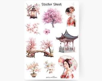 Japan 3 Sticker Sheet, Sakura, Floral, Blumen, Natur, Frühling, Japan, Rosa, Vogel, Cherry Blossom, Kirschblüten, Japanese, Kawaii, Tokyo