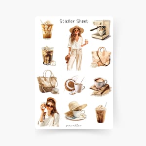 Hoja de pegatinas de café de verano, Café, Capuchino, Espresso, Especialidades de café, Comida, Bebida, Beber café, Cita de café, Primer café