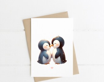 Valentinstagskarte Pinguine A6, Aquarell, Strukturpapier, Für immer wir, Liebe, Valentinstagsgruß, Postkarte, Süße Karte, Valentinstag Karte