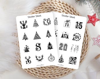 Advent calendar number sticker sheet black and white, Christmas, Advent calendar children, number stickers. Christmas present, X-mas,