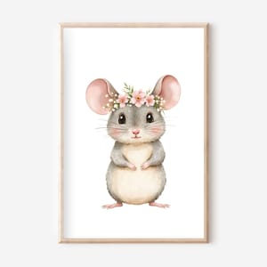 Póster de ratón con corona de flores A4, conjunto de pósteres, póster de animales de granja, cuadro de pared de granja, póster de animales, cuadro de pared de animales, granja, animales del bosque