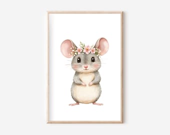 花輪を持ったネズミのポスター A4、ポスターセット、農場の動物のポスター、農場の壁画、動物のポスター、動物の壁画、農場、森の動物