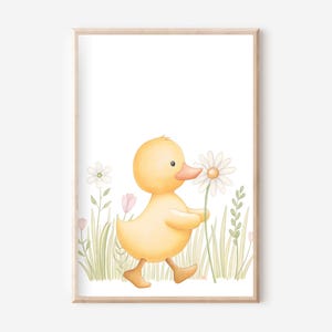 Póster de pato A4, conjunto de pósteres, póster de pato amarillo, mural de pato con flores, póster de animales, mural de animales, granja