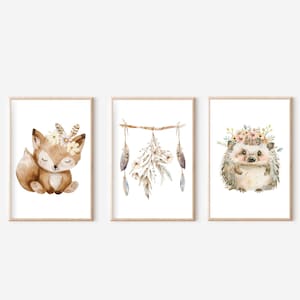 Boho Waldtiere Poster Set A4, Poster Set, Fuchs, Igel, Traumfänger, Waldtiere, Tiere, A5