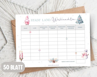 May include: A printable Christmas game board with a white background and a light blue border. The board has columns for city, country, Christmas song, Christmas treat, Christmas movie, and Christmas gift. There are illustrations of a snowman, a Christmas tree, and a gnome.