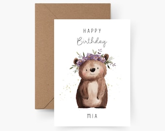 Personalized bear birthday card with name, A6 size, Happy Birthday, children's birthday