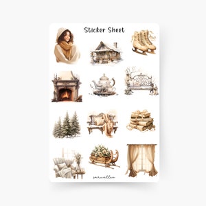 Gezellig winterkerststickervel, Kerstmis, Kerstmis, koekjes, sneeuw, maretak, thee, Kerstmis