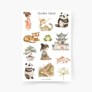 China Sticker Sheet, Sakura, Floral, Blumen, Natur, Frühling, Bonsai, Panda, Drache, Kirschblüten, Kawaii
