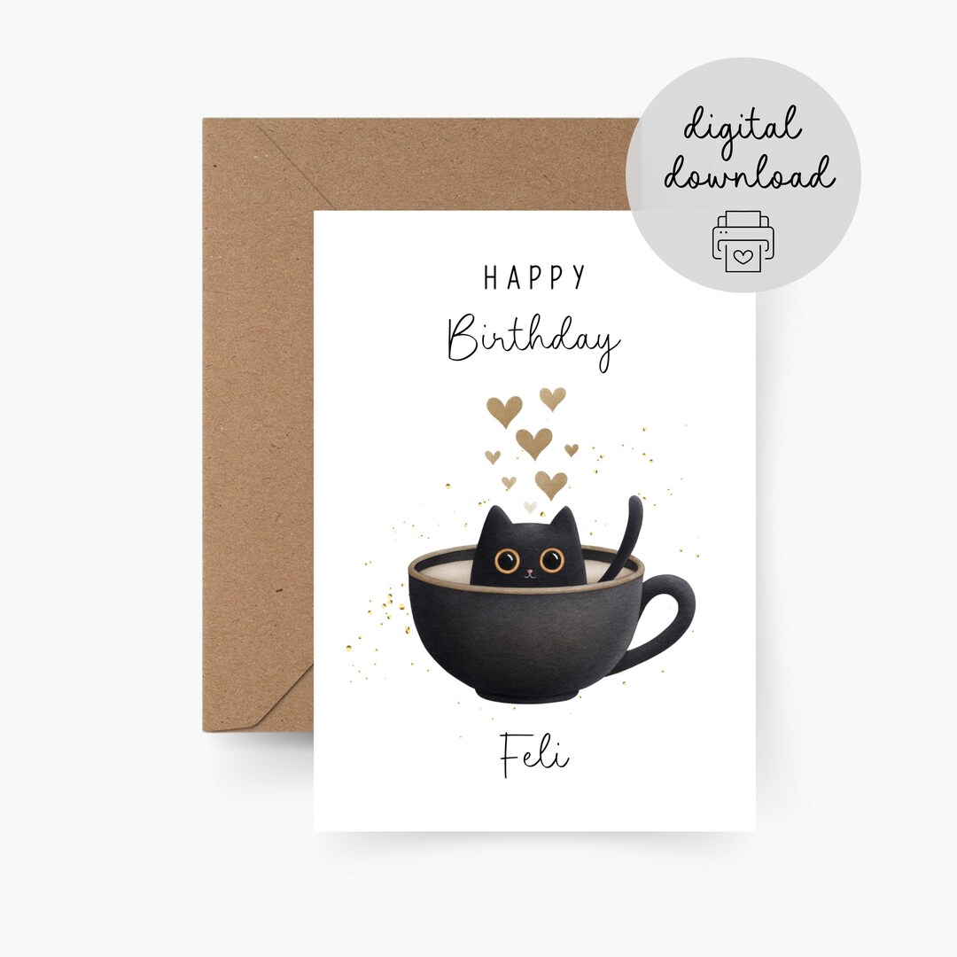 Personalized Cat Birthday Card - PDF Download -, Printable Card, Happy ...