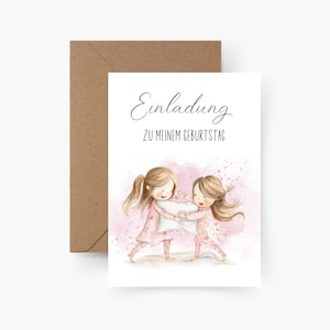 Uitnodigingskaart overnachtingsfeest kinderverjaardagsset van 5/10, meisjes kinderverjaardag, pyjamafeest, A6, aquarel, getextureerd papier