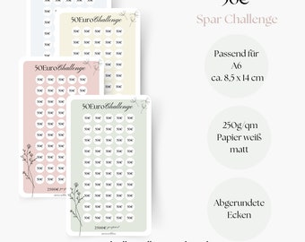 50 Euro Challenge, Savings Challenge, Savings Challenge, Saving with Challenges, A6 Planner Inserts, Saving Money with Savings Goals, Monthly Budget