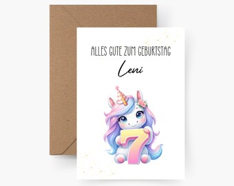 Personalized birthday card with name, A6 size, 7th birthday, Happy Birthday, birthday card for children, children's birthday, unicorn
