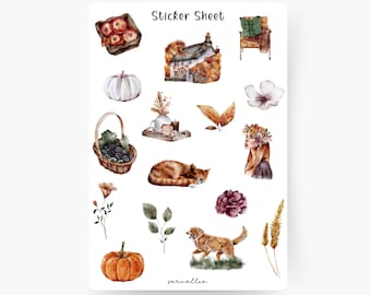 Golden Autumn Sticker Sheet, Herbstlich, Kürbis, Kamin, Hygge, Apfel, Apfelbaum, Hund, Herbstzeit, Herbstblätter