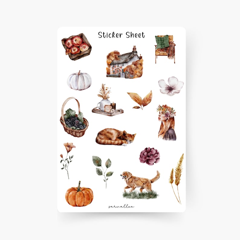 Golden Autumn Sticker Sheet, Herbstlich, Kürbis, Kamin, Hygge, Apfel, Apfelbaum, Hund, Herbstzeit, Herbstblätter Bild 1