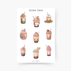 Bubble Tea Sticker Sheet, Kawaii, Boba, Essen, Trinken, Milk Tea, Tea, Coffee