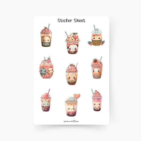 Sticker Sheet - Bubble Tea Kawaii, süße Sticker, Boba Sticker, Essen, Trinken, Sticker Set, Journal Sticker
