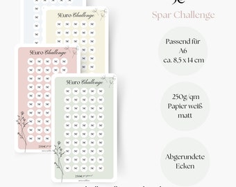 5 Euro Challenge, Savings Challenge, Savings Challenge, Saving with Challenges, A6 Planner Inserts, Saving Money with Savings Goals, Monthly Budget