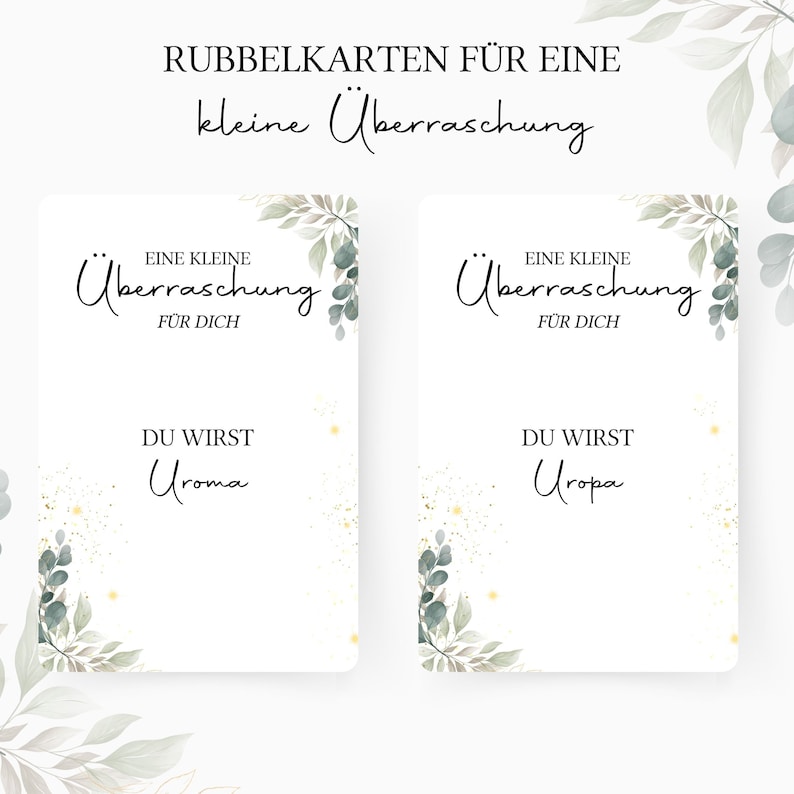 Op de afbeelding: Twee witte kaarten met groen blad en gouden glitter. De tekst op de kaarten luidt "Eine kleine &Uuml;berraschung f&uuml;r dich" en "Du wirst Oma/Opa".