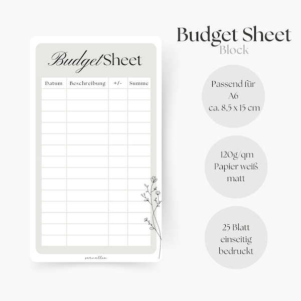 Budget Sheet Block, Budget Sheet, Budget Tracker, einseitig bedruckt, Spar Challenge, Sparchallenge, A6 Planer Einlagen, Monatsbudget