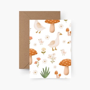 Karte Gans und Pilz A6, Postkarte, Postkarte Pilze, Strukturpapier, Grußkarte Motiv, Motivpostkarte, Frühling, Gans
