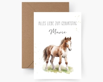 Biglietto di auguri di compleanno per un bambino con un cavallo, adatto per età da 1 a 9 anni | Personalizzato con nome ed età | Buon compleanno | Cavalli, palloncini e regali - Italia
