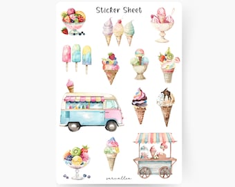 Eis Sticker Sheet, Obst, Eisbecher, Sommer, Garten, Früchte, Picknick, Eiswagen, Eisdiele, Eis essen, Schokoladenei, Erdbeereis