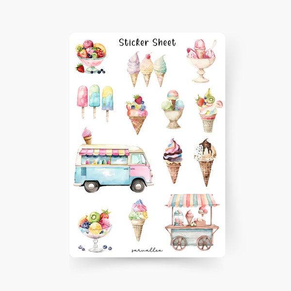 Eis Sticker Sheet, Obst, Eisbecher, Sommer, Garten, Früchte, Picknick, Eiswagen, Eisdiele, Eis essen, Schokoladenei, Erdbeereis