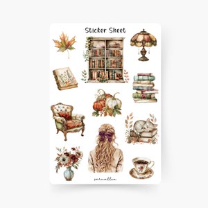 Hoja de pegatinas de libros de otoño, Tiempo de otoño, Otoño, Otoñal, Calabaza, Chimenea, Hygge, Otoño acogedor, Hojas de otoño, Otoño, Lectura, Libros, Vintage