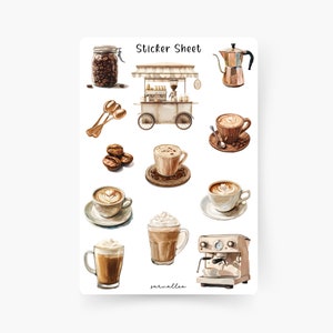 Feuille d’autocollants de café, Café, Cappuccino, Espresso, Spécialités de café, Nourriture, Boisson, Date de café, Café à emporter, Café