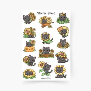 Süße Katzen Mit Sonnenblumen Sticker Sheet, Katzenliebhaber, Tier Sticker, Kawaii, Kawaii Cat , Kitties, Sonnenblumen, Spätsommer, Herbst