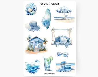 Blue Beach Sticker Sheet, Urlaub, Reisetagebuch, Sommer, Ausflug, Städtereise, Strand, Meer, Urlaub